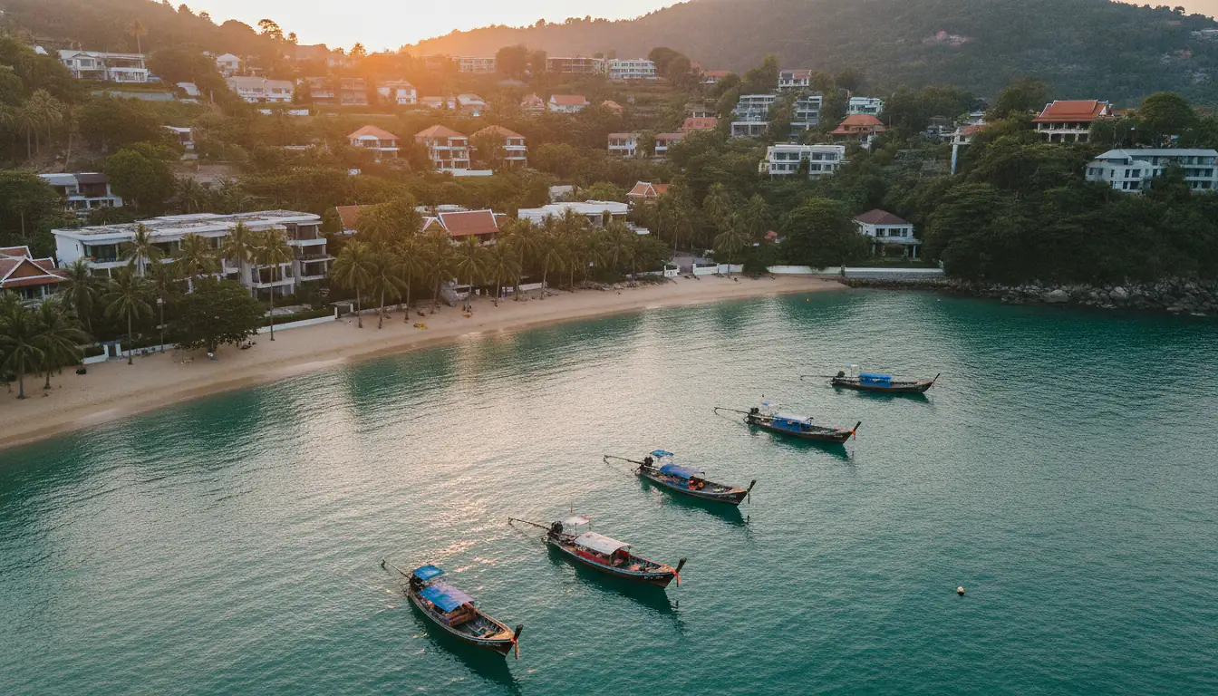 Vue aérienne d'une baie de Phuket au coucher du soleil, mer turquoise, palmiers et bateaux