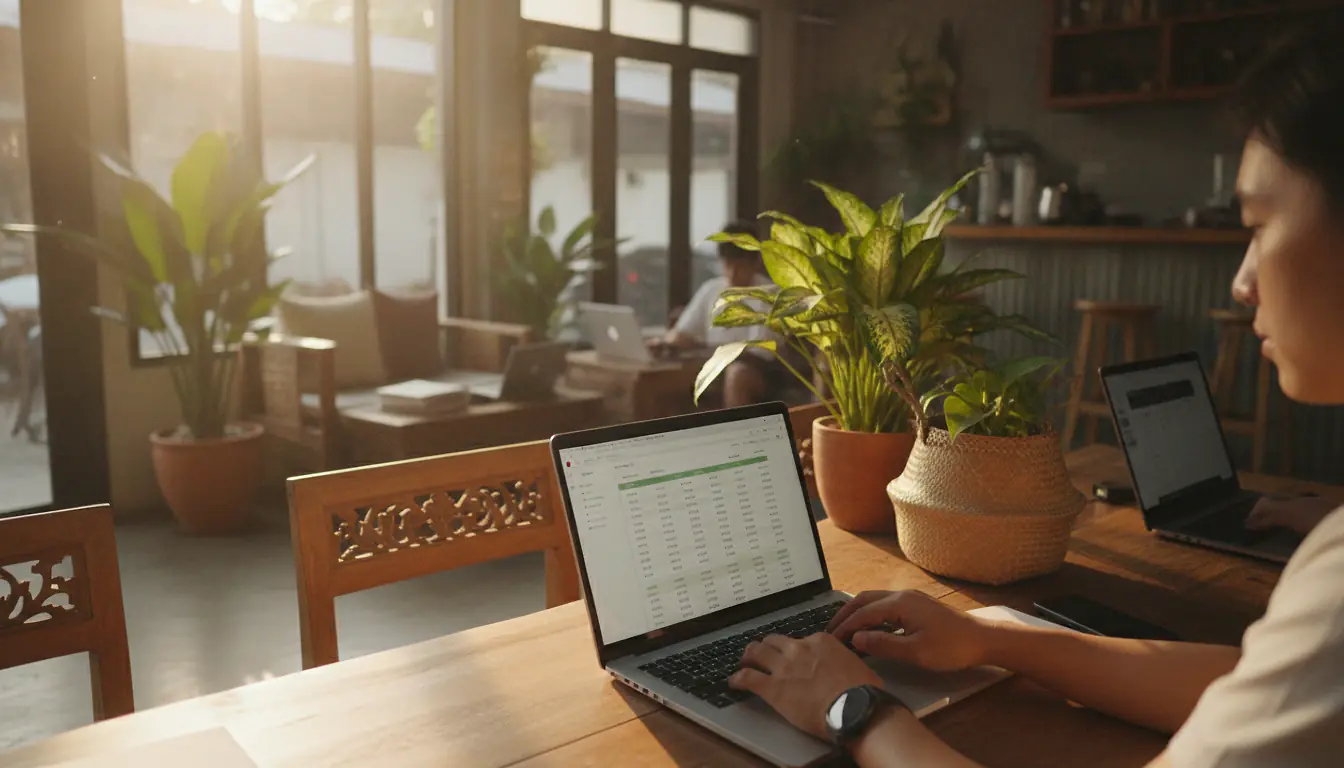 Freelance travaillant sur un ordinateur portable dans un espace de coworking en Thaïlande