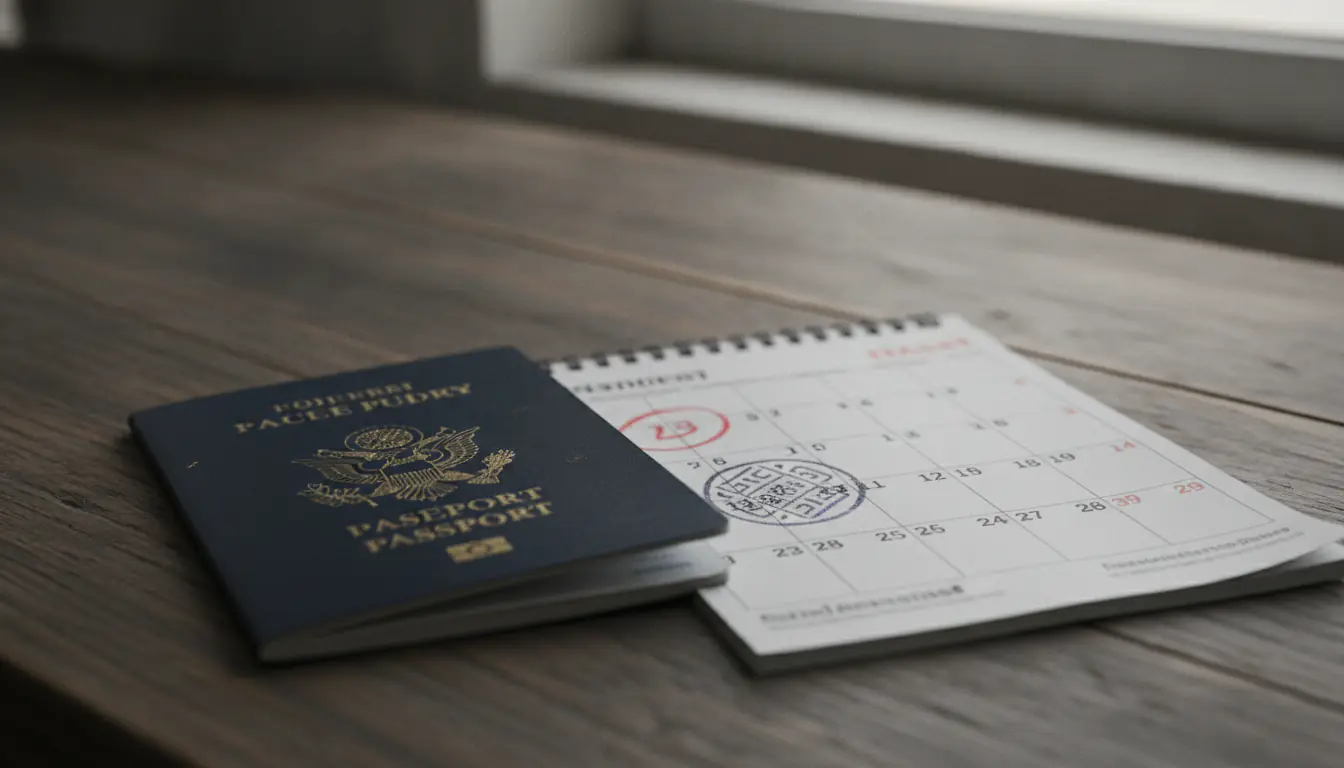 Passeport avec tampon d'entrée et calendrier sur un bureau, séjour en Thaïlande