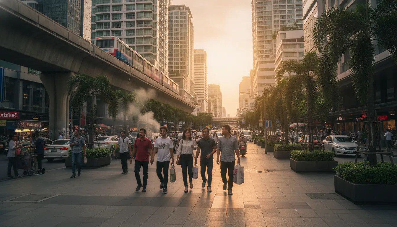 Rue de Sukhumvit à Bangkok avec le métro aérien BTS et des immeubles modernes